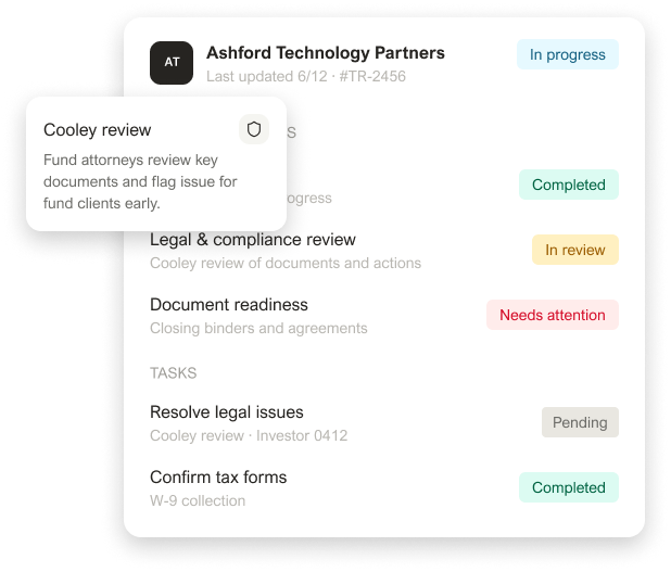 Vanilla transfer workspace for Ashford Technology Partners showing review statuses and a Cooley review highlight.